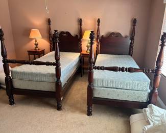 Early 1900's Antique Twin "Pineapple"beds and mattress sets with matching chest and dresser. Beautiful!