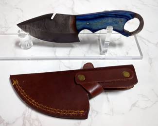 Custom Damascus Fixed Blade Knife, 3.75" Blade, In Tooled Leather Sheath