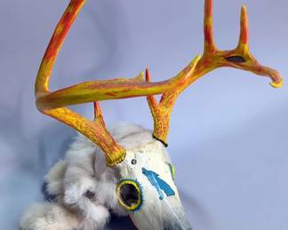 Painted Upper Deer Skull With Antlers, With Rabbit Fur On Back, Attached To Wood Block
