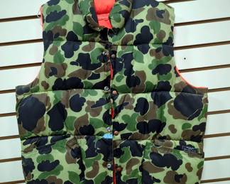 Camo Clothing, Includes Red Head Vest Size Lg, Military Shirt Size XL-Regular, Military Pants Size L-Regular, Ranger Coveralls Size L, 10X Brand Hunting Pants Size 38, And Waterproof Pants Size XXL, Qty 2