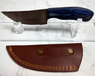Custom Damascus Straight Back Knife, 4" Blade, In Tooled Leather Sheath