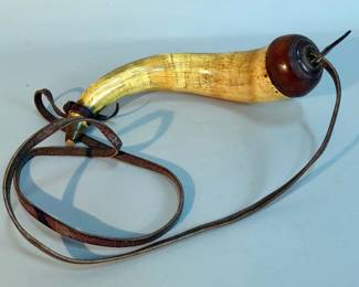 Antique Powder Horn With Leather Strap, Approx 11" Tip To Tip