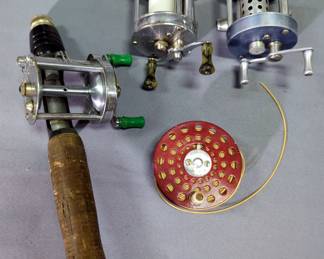 Fishing Supplies, Includes Pflueger, South Bend, And Langley Reels, Pocket Fisherman, Hooks, Langley Scale, Minnow Bucket, Sears Boat/Trolling Rod, And More
