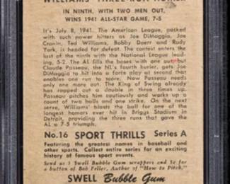 1948 Ted Williams Joe DiMaggio Joe Gordon - 1948 Swell Sports Card #16 with 3 Hall of Famers - Dimaggio & Gordon congratulate Ted Williams after he hit a 3 run homer in the 9th inning to win the 1948 All Star Game - Card has been authenticated by PSA and graded PSA 6. - $649.00