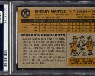 Mickey Mantle (Hall of Fame) - Topps 1960 - Legendary New York Yankees Center Fielder - 7th Highest All Time OPS of non-steroid players - 7 Time World Champion - Authenticated and graded PSA 6 - Back of Card - $1,395.00