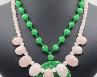 2 Heavy Pink & Green Jadeite Necklaces