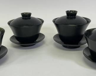 4 Vintage Chinese Soapstone Tea Bowls with Lids
