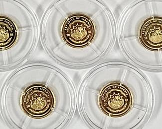 Five 3/4 Gram .999 Gold Liberia $25 Proof Coins