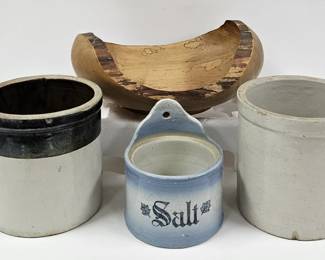 Stoneware Crocks & Hand Made Canoe Bowl