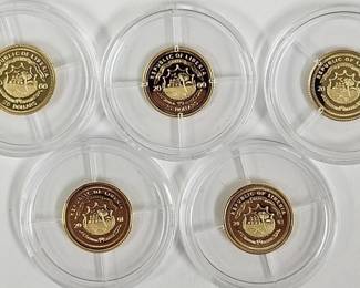 Five 3/4 Gram .999 Gold Liberia $25 Proof Coins