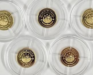 Five 3/4 Gram .999 Gold Liberia $25 Proof Coins
