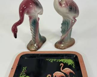 Mid-Century Ceramic Pair Flamingo Figures & Tray