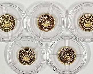 Five 3/4 Gram .999 Gold Liberia $25 Proof Coins
