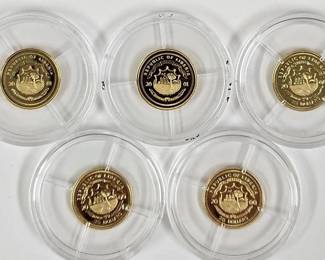 Five 3/4 Gram .999 Gold Liberia $25 Proof Coins