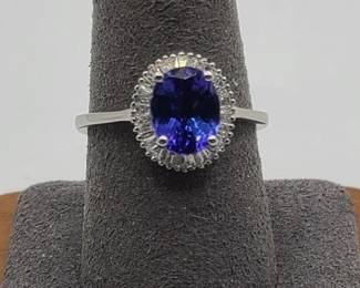 Platinum Ring w/ Blue Stone & Diamond Baguettes