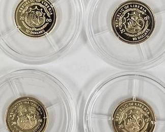 Four 1/2 Gram 14k Gold Liberia $10 Proof Coins