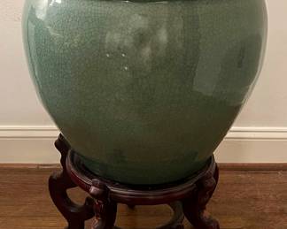 Large Green Celadon Crackle Planter with Stand 