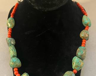 Faceted Turquoise and Coral Necklace 
