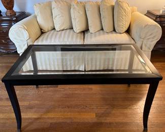 Contemporary Beveled Glass Coffee Table and Baker Furniture Upholstered Loveseat 