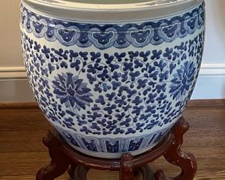 Hand Painted Blue & White Canton Fishbowl Planter with Stand