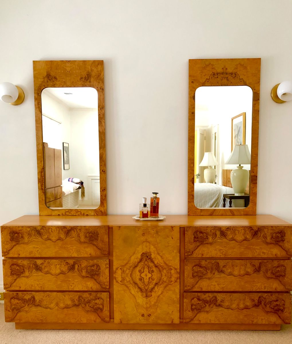 Milo Baughman  for Lane bedroom suite includes long dresser with 2 hanging mirrors, king size bed with frame, armoire and 1 nightstand