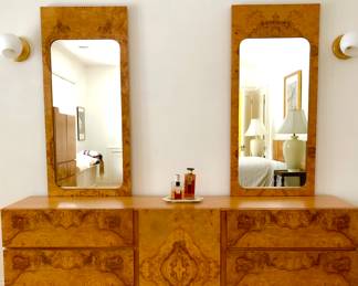 Milo Baughman  for Lane bedroom suite includes long dresser with 2 hanging mirrors, king size bed with frame, armoire and 1 nightstand