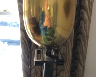 1 of a pair of Hollywood Regency Greek Key torchiere floor lamps either in the style of Tommi Parzinger