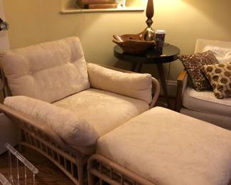 Rattan set of 3 (cushions have Brown Jordan label) includes this chair and ottoman and another chair