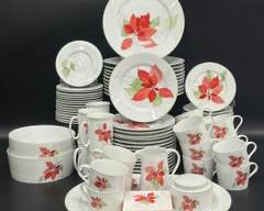 Fine Poinsettia Block Spal Watercolors Portugal China Dinner Plates, Side Plates, Desert Plates, Saucers, Tea Cups, Mugs, Creamer, Lidded Sugar Bowl, Service Platter, and Square Tiles