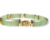 Fine 14k Yellow Gold Green Jade Link Bracelet w Safety Clasp.