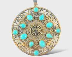 Fine Fancy Gilt Silver Turquoise Fillagree Necklace Pendant