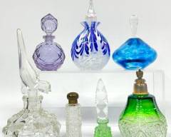 Fantastic Vintage Blue Signed Fine Island ABV82 1995 Pefume Bottle, Crystal, Art Glass, and Depressed Glass Perfume vanity Bottle Lot
