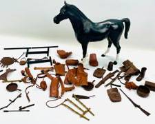 Vintage Johnny West THUNDERBOLT Black Plastic Horse W/ Western Saddle, Chaps, and Many More Accessories Marx Toys