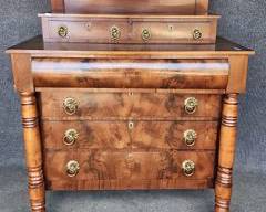 Wonderful Antique New England Flamed Mahogany Sausage Leg Victorian Chest Dresser with Fancy Brass Pulls & Hardware
