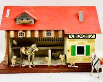 Wonderful Antique German Folk Art Hand Painted Wood Barn W/ Horse Cows and Animals