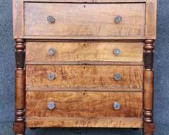 Fantastic Antique Empire Mahogany Sausage Leg 4 Drawer Dresser Glass Knobs Column Sides and Bun Foot