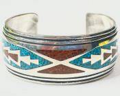 37 Grams Fine Native American Sterling Silver Mosaic Coral & Turquoise Cuff Bracelet