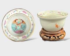 Antique Tung-Chih One Piece Tung-Chih Famille Rose Porcelain Small Bowl W/ Two Boys Design 1862 A D through 18744 A D of the Ching Dynasty see documentation on Carved wood Stand
