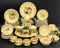 Wonderful Large Collection Vintage Homestead Provincial Poppy Trail California pottery Dinner Plates, Side Plates, Bowls, Tea Cups, Saucers, Lidded Tea Pot, Lidded Sugar Bowl, and Creamer