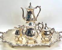 Fancy vintaga EPCA Silverplate Bristo Poole Silver Company 141- 145 Tea Pots, Creamer, Sugar Jar, & Service Tray