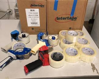 Lot of at least 75 Rolls of Clear Packing Tape and 4 Tape Dispensers