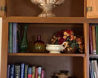 planters, books, bottles, shelf enhancers