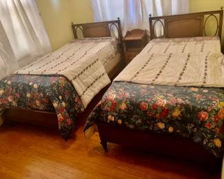 * Mid Century 6 Drawer Dresser with Mirror, measures 18 inches deep by 56 inches long 33 inches tall and the mirror is 29 inches wide & 45 inches tall. Has numbers 7110-20 62-H-61 stenciled on back of dresser. Also has Matching Pair of Cool Twin Beds Frame with Footboards & Headboards. Headboard measures 40 1/2 inches wide 2 inches deep and 39 inches tall. Top of dresser has minor scratches but front is in great condition. Bed Frames are in great condition. Beds are $100 Each, Dresser with Mirror is $150. All 3 pieces $300.    