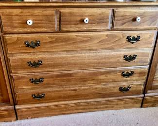 * 2 Piece Hutch (Shelves + Base w 3 drawers) maybe Ethan Allen base is 35 inches wide by 18 inches deep by 29 inches tall (shelves with 1 Drawer & Louvre Sliding Doors is 35 inches wide by 18 inches deep by 29 inches tall. Shelves only. 35 w x 11 deep x 46 Tall $125 Each. All the Knick Knacks are For Sale.   