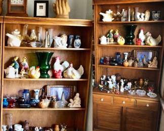 * 2 Piece Hutch (Shelves + Base w 3 drawers) maybe Ethan Allen base is 35 inches wide by 18 inches deep by 29 inches tall (shelves with 1 Drawer & Louvre Sliding Doors is 35 inches wide by 18 inches deep by 29 inches tall. Shelves only. 35 w x 11 deep x 46 Tall $125 Each. All the Knick Knacks are For Sale.   