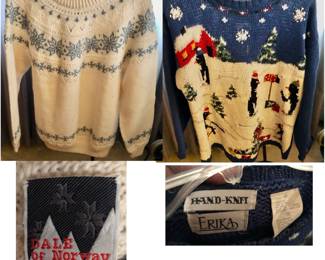 *Vintage Dale of Norway Icelandic White w Blue Snowflakes Holiday Sweater size? $25 
*Vintage Erika Navy / White with Penguins Holiday Sweater size M $10