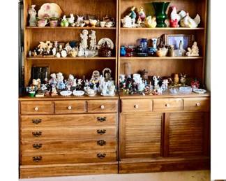 * 2 Piece Hutch (Shelves + Base w 3 drawers) maybe Ethan Allen base is 35 inches wide by 18 inches deep by 29 inches tall (shelves with 1 Drawer & Louvre Sliding Doors is 35 inches wide by 18 inches deep by 29 inches tall. Shelves only. 35 w x 11 deep x 46 Tall $125 Each. All the Knick Knacks are For Sale.                                                                   