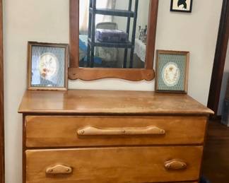 * The 4 Drawer Maple Taller Dresser with Detached Mirror is 32 Inches Wide by 18 inches Deep by 44 inches Tall. The little Mirror sitting on Dresser is 20 inches Wide by 22 inches Tall. Dresser $150, Mirror $35.  
*The 3 Drawer Shorter Maple Dresser with Detached Mirror is 42 inches Wide by 18 inches Deep by 32 inches Tall. The matching Detached Mirror above it is 22 inches Wide by 32 inches Tall. Dresser $150, Mirror $55.  