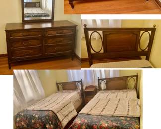 * Mid Century 6 Drawer Dresser with Mirror, measures 18 inches deep by 56 inches long 33 inches tall and the mirror is 29 inches wide & 45 inches tall. Has numbers 7110-20 62-H-61 stenciled on back of dresser. Also has Matching Pair of Cool Twin Beds Frame with Footboards & Headboards. Headboard measures 40 1/2 inches wide 2 inches deep and 39 inches tall. Top of dresser has minor scratches but front is in great condition. Bed Frames are in great condition. Beds are $100 Each, Dresser with Mirror is $150. All 3 pieces $300.    