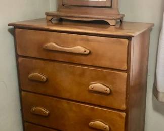 * The 4 Drawer Maple Taller Dresser with Detached Mirror is 32 Inches Wide by 18 inches Deep by 44 inches Tall. The little Mirror sitting on Dresser is 20 inches Wide by 22 inches Tall. Dresser $150, Mirror $35.  
*The 3 Drawer Shorter Maple Dresser with Detached Mirror is 42 inches Wide by 18 inches Deep by 32 inches Tall. The matching Detached Mirror above it is 22 inches Wide by 32 inches Tall. Dresser $150, Mirror $55.  